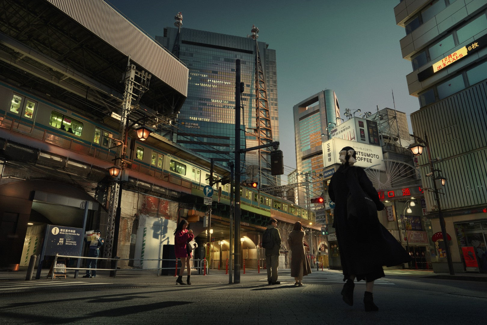 City street scene with tall buildings and a person walking.