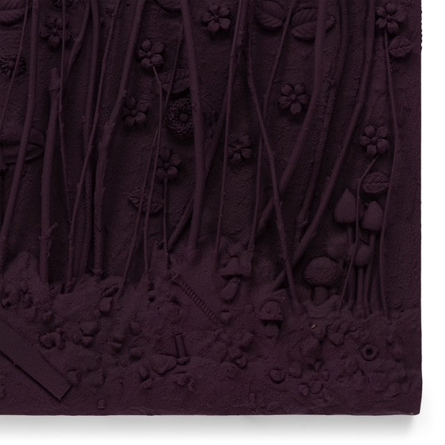 Detail of Dark purple painting with floral embroidery on a white background