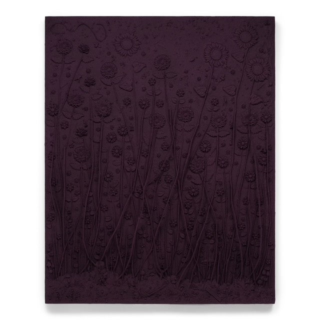 Dark purple textured art work with floral patterns on a white background