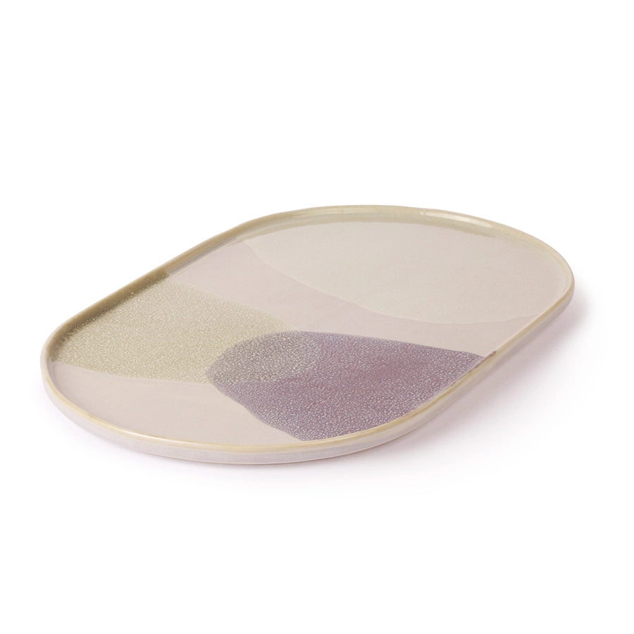 Rectangular ceramic plate with a textured design on a white background