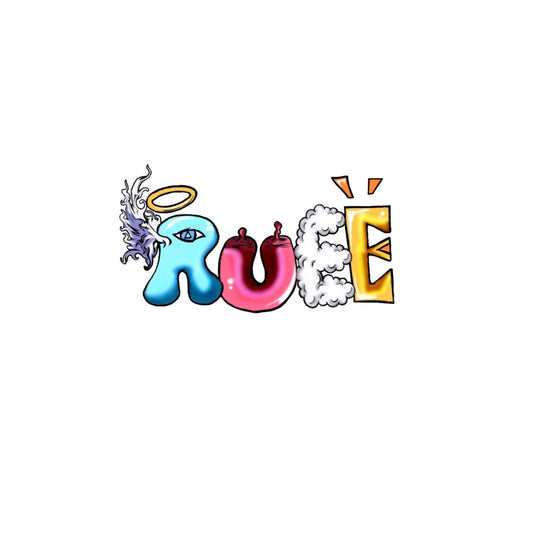 Whimsical cartoon "Rueé" with mixed materials—clouds, eyes, halo, and stylized letters