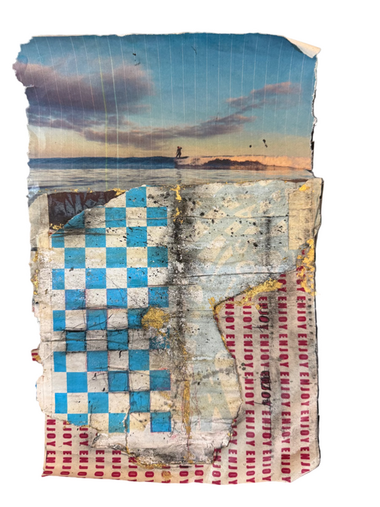 Artistic collage with abstract patterns and a beach scene