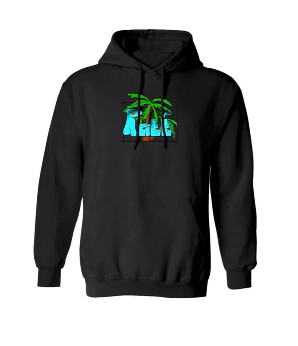 black hoodie with ruee design of palm tree