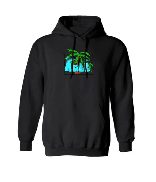black hoodie with ruee design of palm tree