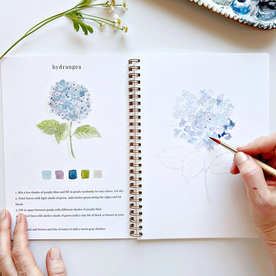 hand holding small brush and illustration of flower in a spiral water coloring book
