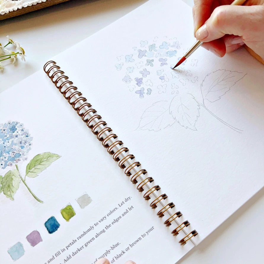 hand holding small brush and illustration of flower in a spiral water coloring book