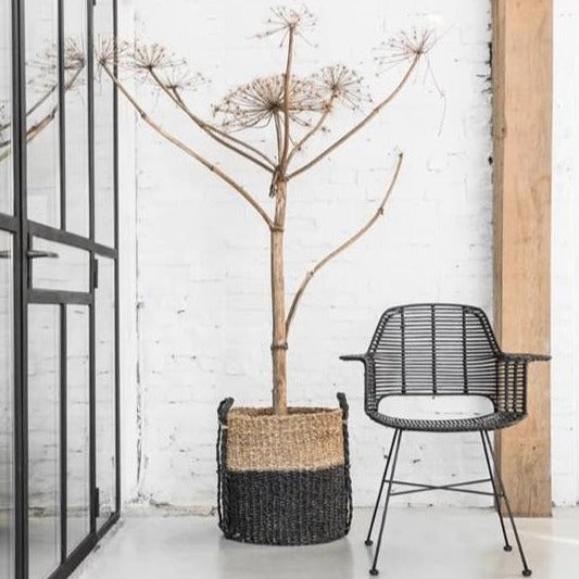 natural setting tub chair with basket and rug