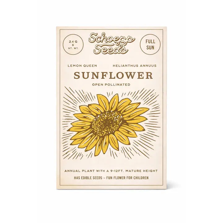 Sunflower seed packet with branding and sunflower illustration on a beige background