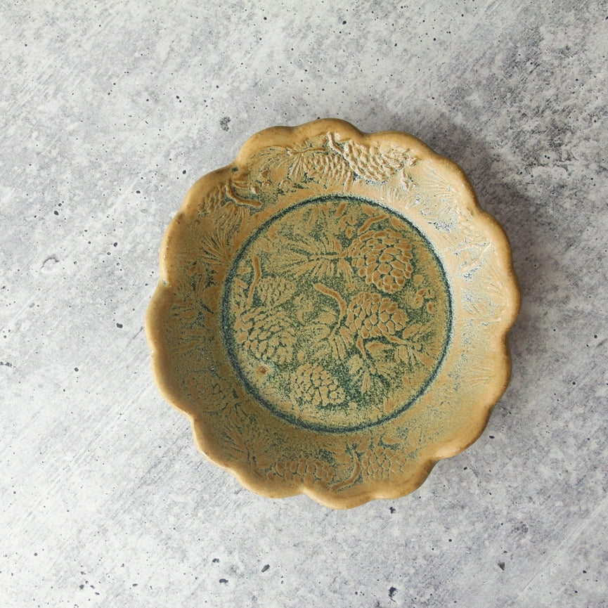 yellow and green scalloped edge plate on grey background