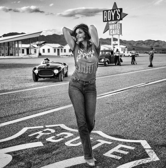 Cindy Crawford on route 66 sign in California at Roy's motel cafe