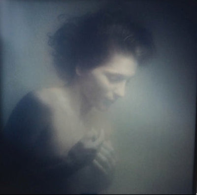 A moody, artistic photograph of a woman with dark hair, rendered in soft, hazy light with a dark blue-gray background.