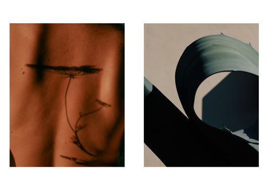 Two abstract art pieces side by side on a white background.