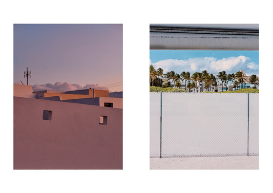 Two contrasting landscapes: a pink building with mountains in the background and a palm tree-lined street under a blue sky.