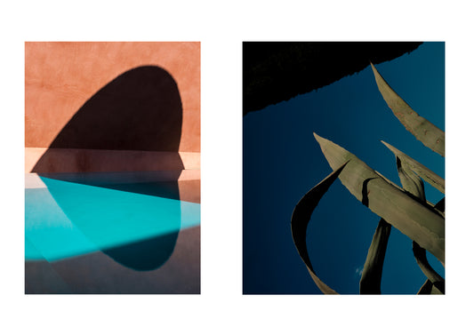 Two abstract art pieces with geometric shapes on a white background