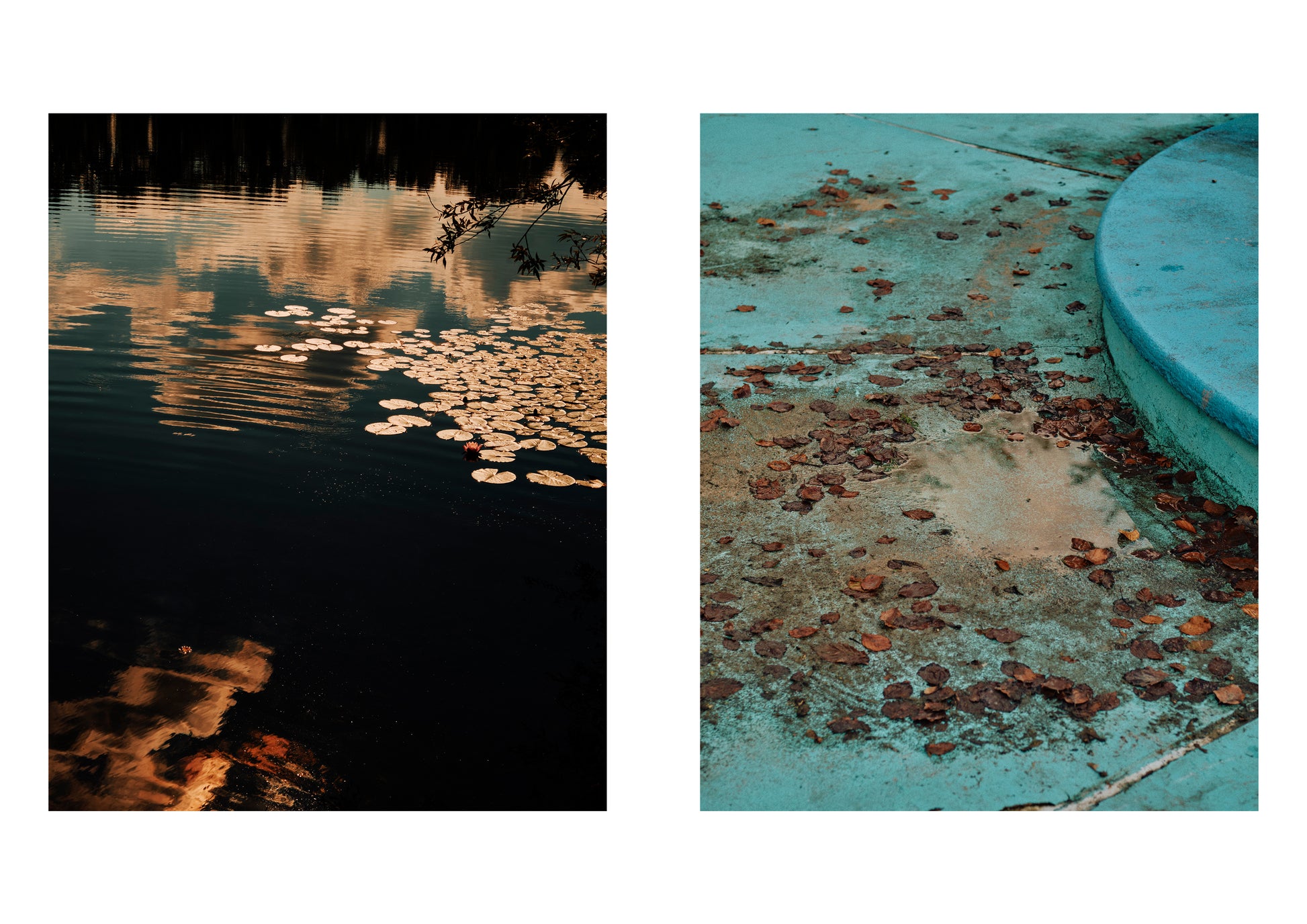 Two contrasting images: one of a reflective water surface with reflections, and another of a rusted metal surface.