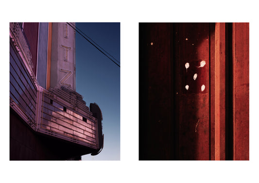 Two images: one of a building corner with 'Nite' sign, the other of a red door with light reflections.