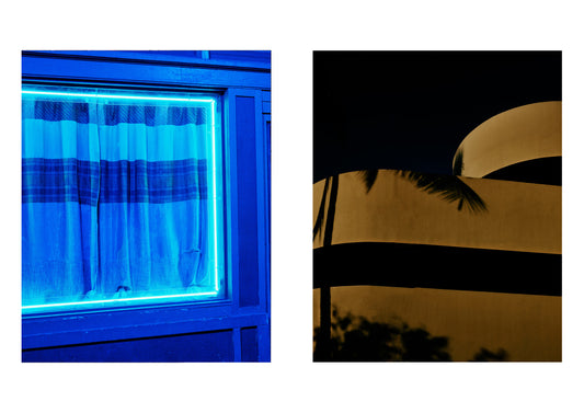 Two side-by-side images: one with a blue curtain and window frame, the other with a silhouette of a palm tree and building.