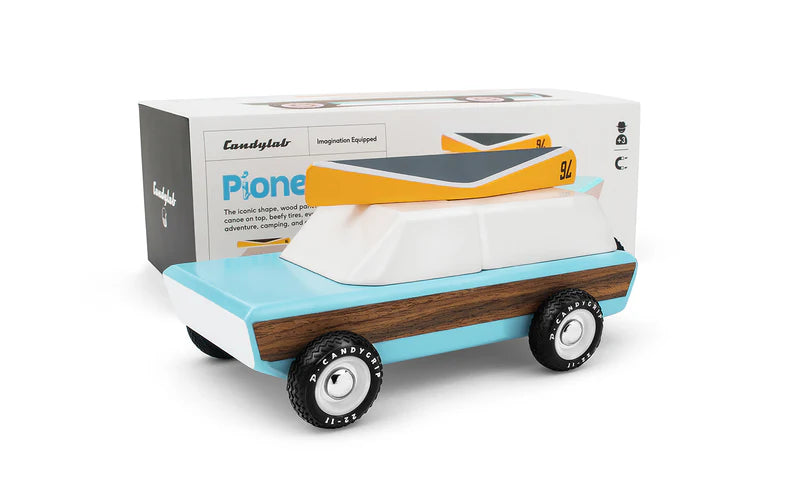 collectable wooden toy car Pioneer with canoe