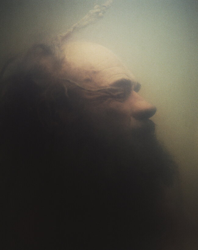 A moody, atmospheric portrait of a bald man with a long beard, shown in soft focus and low light against a hazy gray-green background.