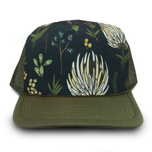green trucker hat with floral print