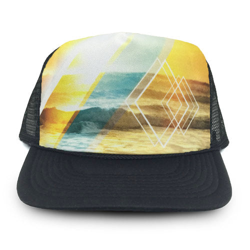 geometric forms and sunrise image on designer trucker hat with black cap