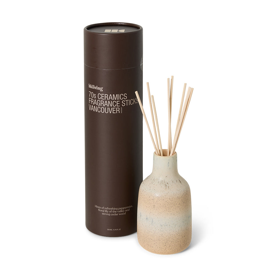 Ceramic diffuser bottle with wooden sticks and packaging on a white background