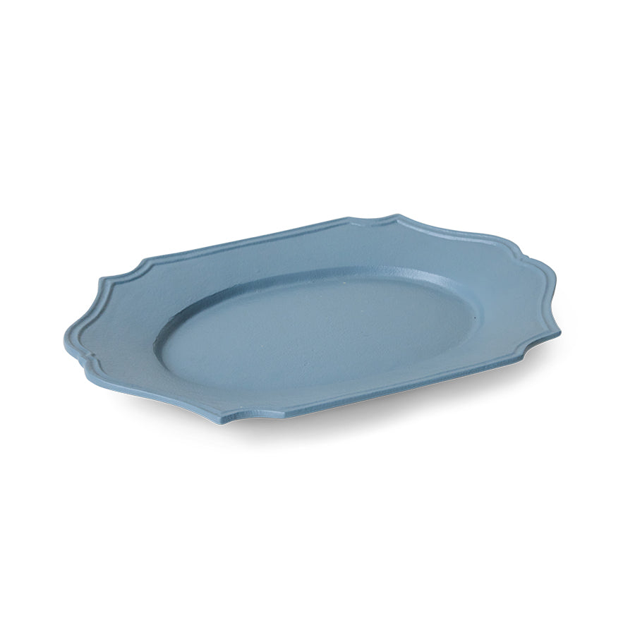 blue metal serving platter on white surface