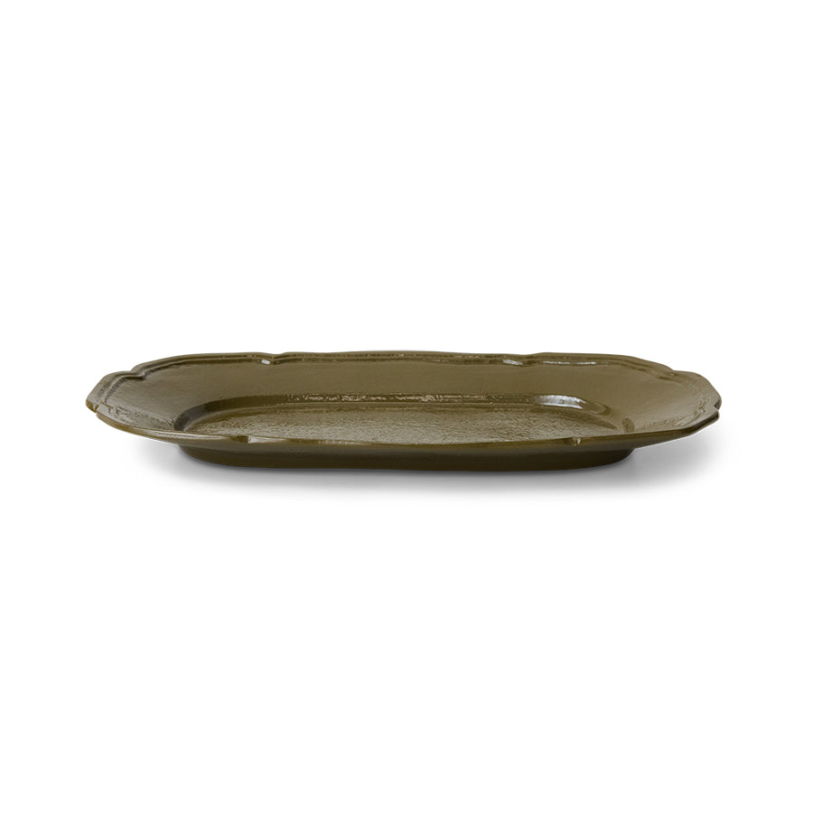 Olive green ceramic platter on a white background