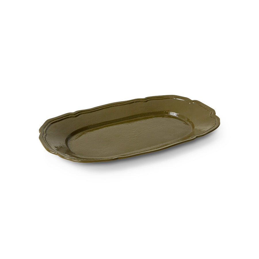 Green ceramic platter on a white background