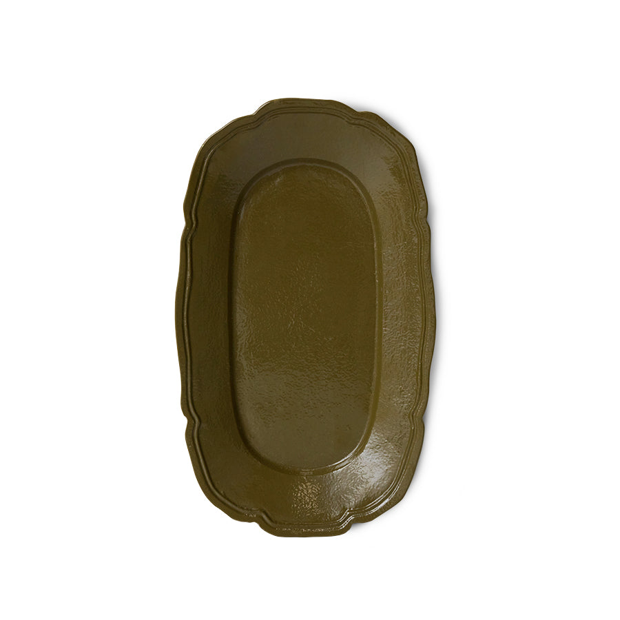 Green ceramic platter on a white background