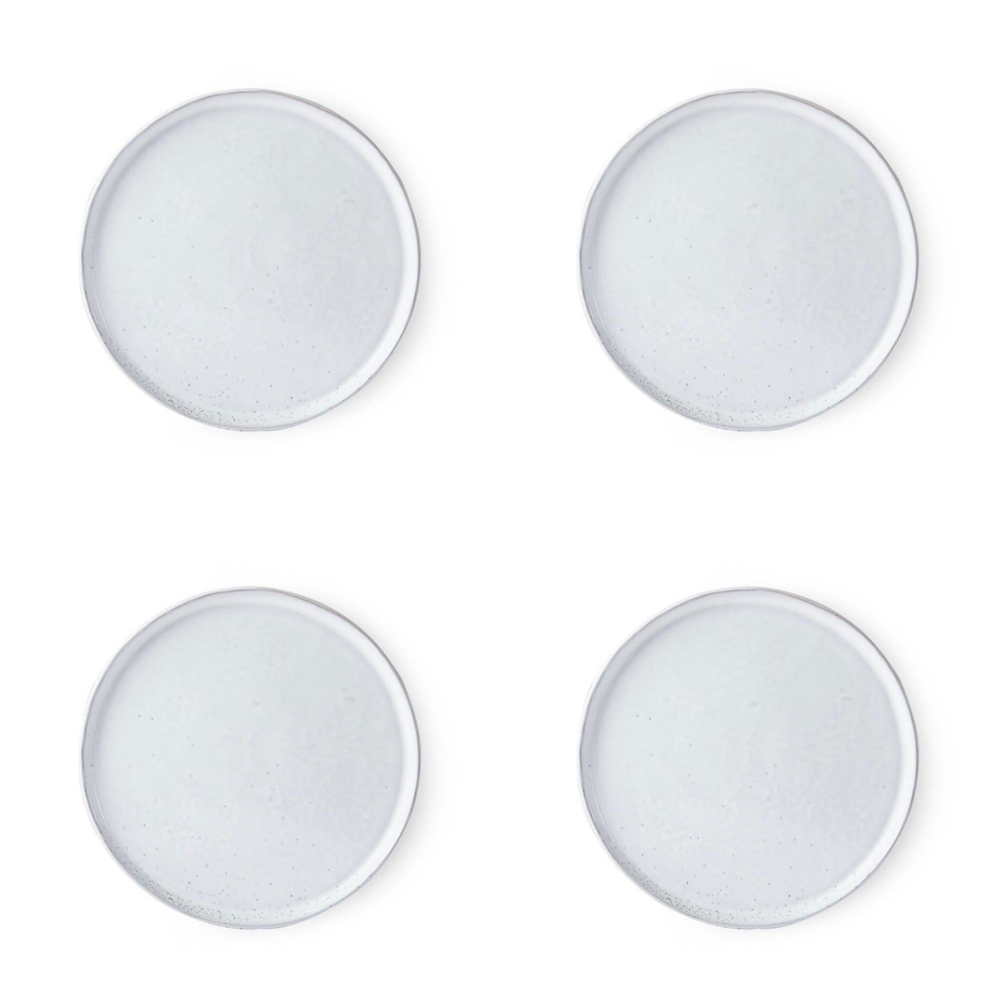4 white speckled breakfast plates with charcoal undertone