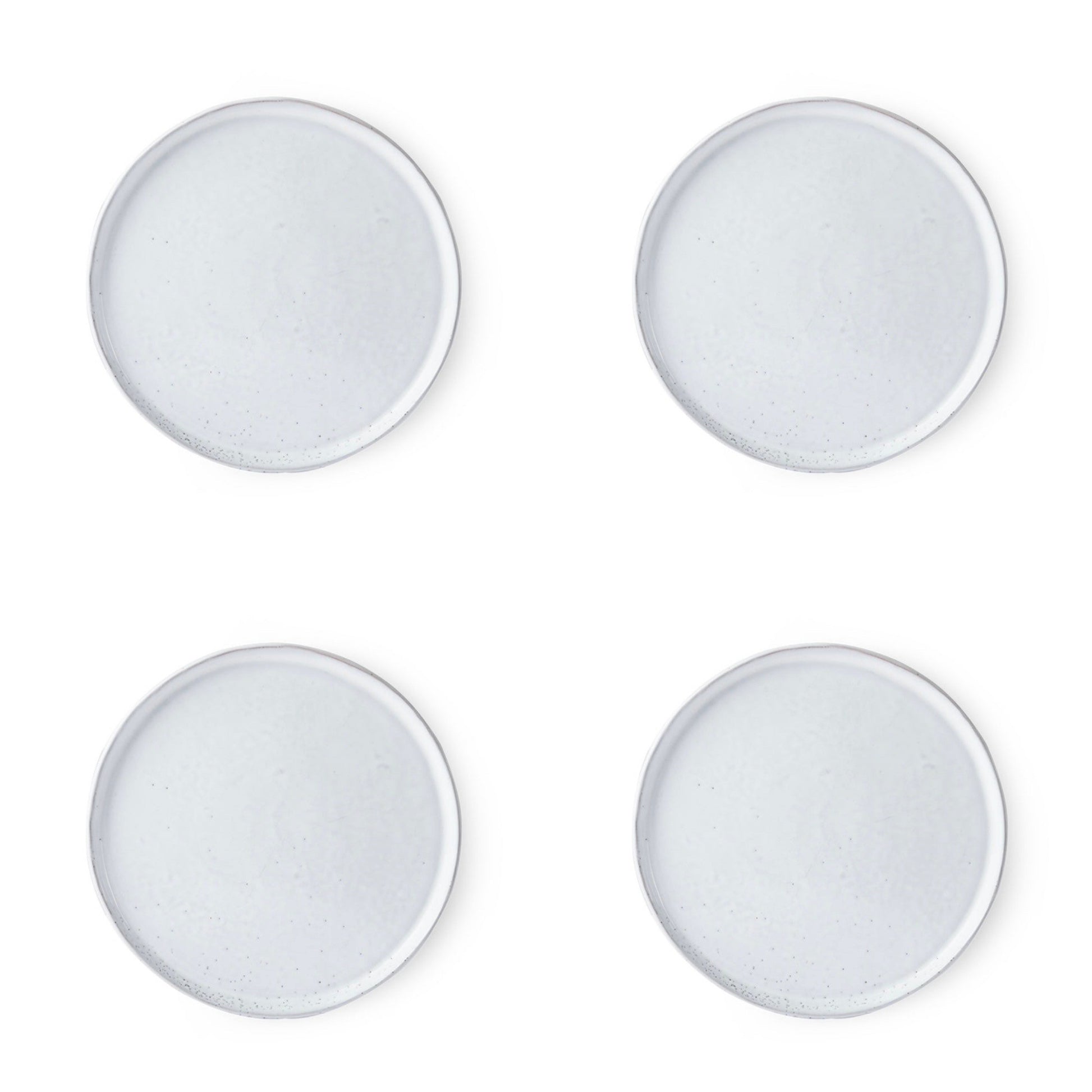 4 white speckled breakfast plates with charcoal undertone