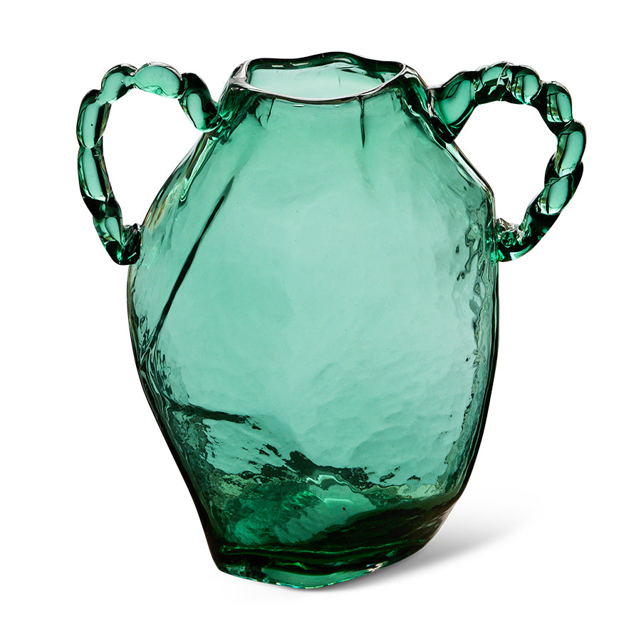 green glass vase with handles on white background