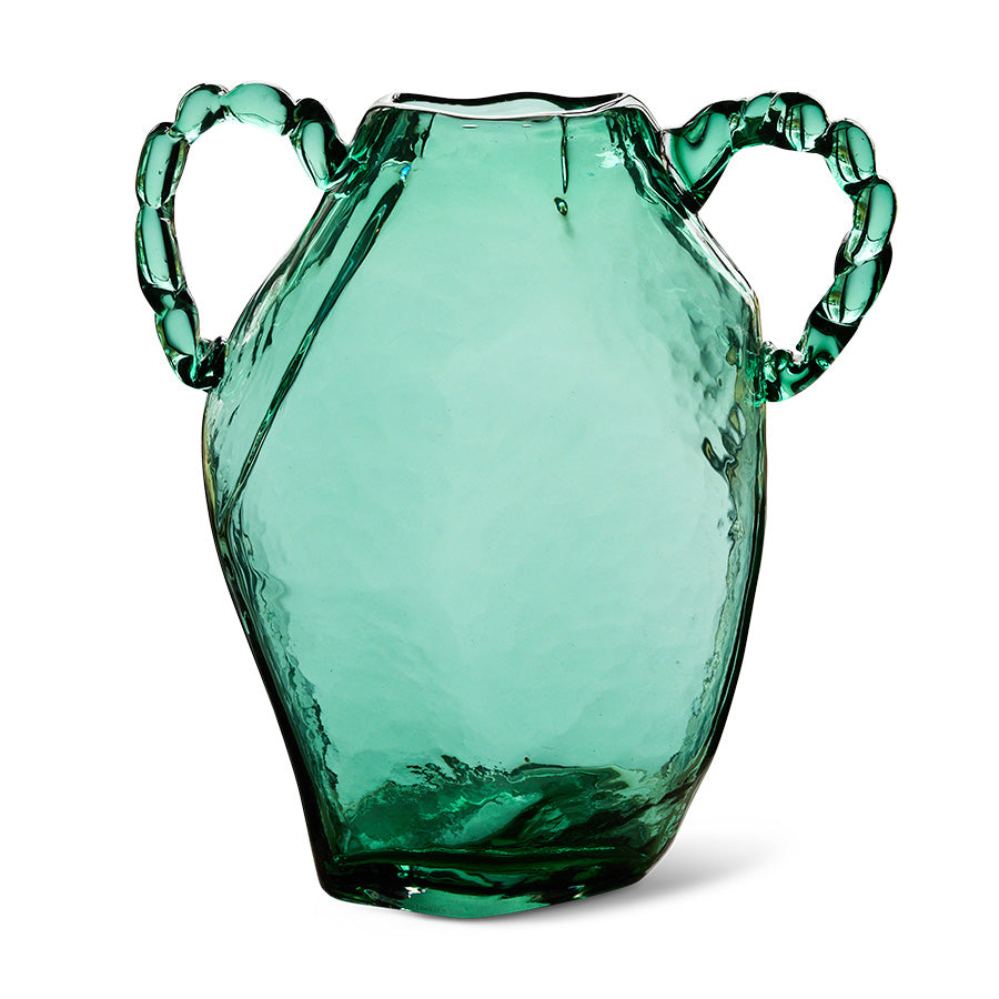 green glass vase with handles