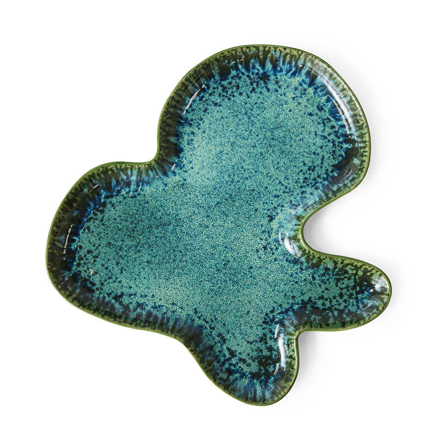 Teal ceramic dish with speckled texture on a white background