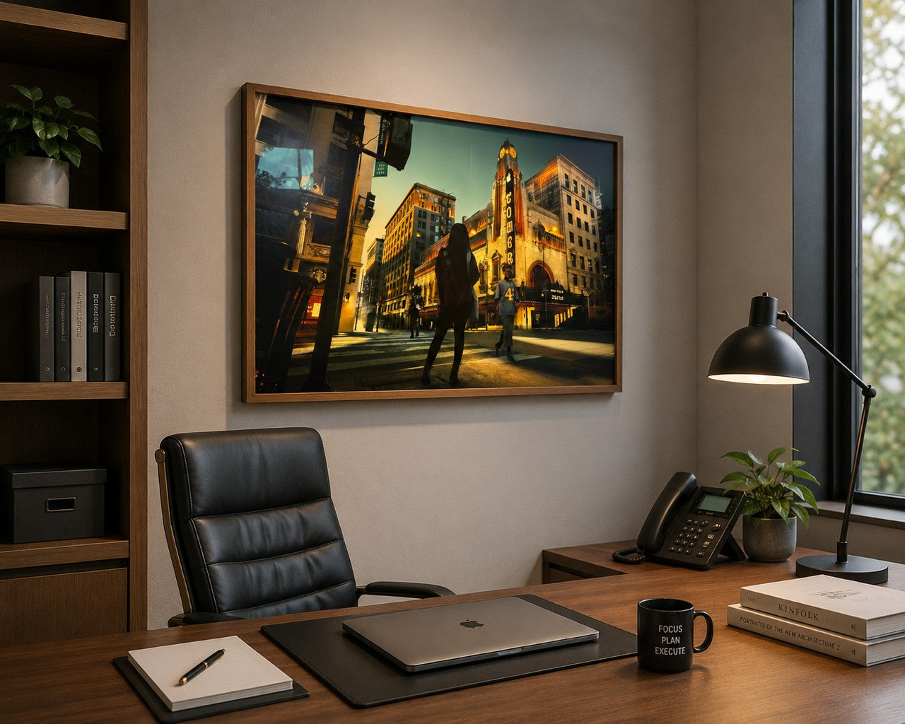 Modern office desk with a chair, laptop, mug, and framed cityscape painting on the wall.