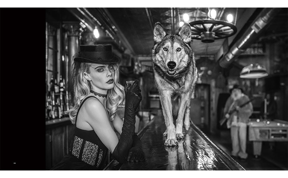 bar with wolf and woman with black hat