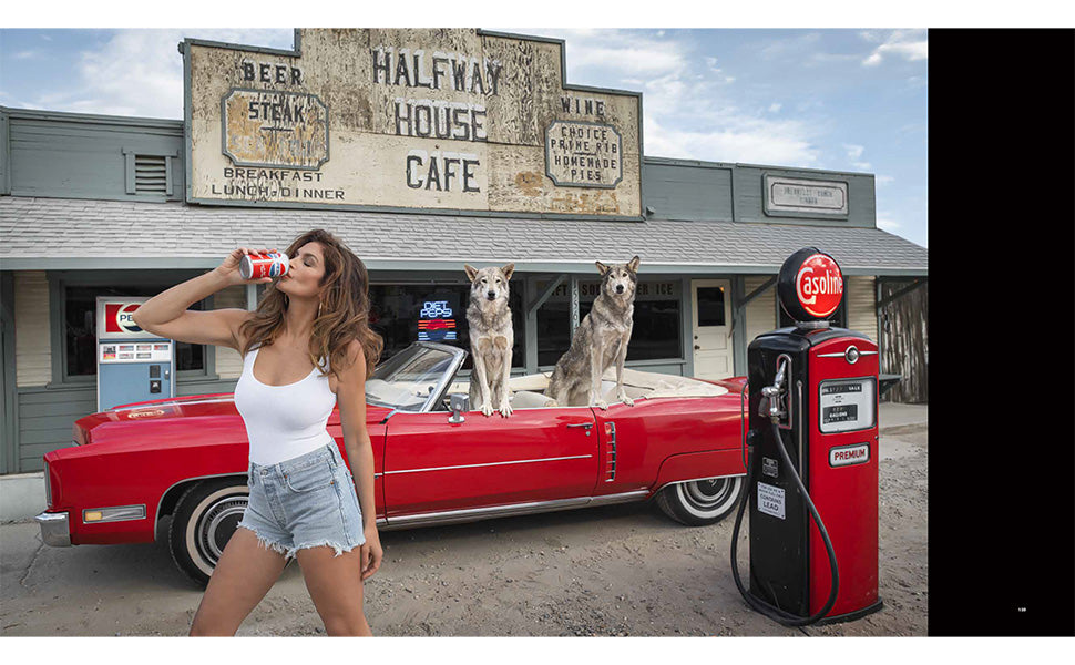 cindy crawford drinking can of pepsi cola next to red fuel pump and red cabrio classic car