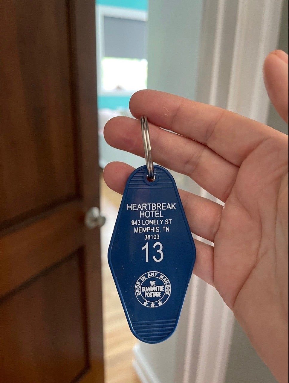 blue retro style motel keychain heartbreak hotel