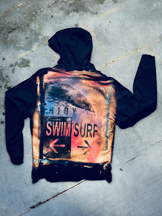 black hoodie with swim surf repeat art work on back