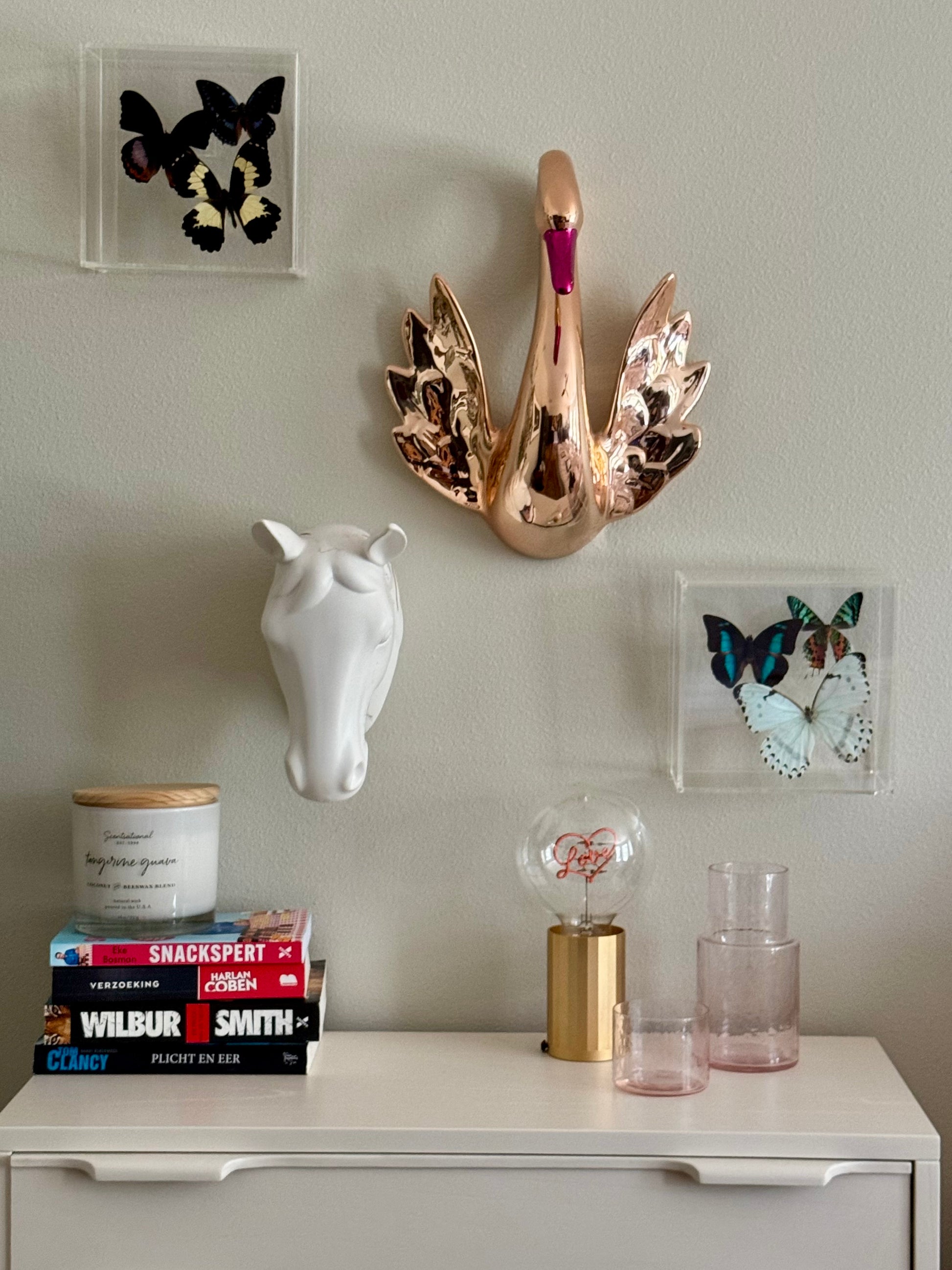 two acrylic boxes with three mounted butterflies in each hung on a wall with other decor.