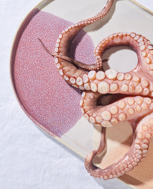 Pink octopus tentacles on a textured plate with a white background