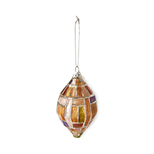 glass Christmas ornament with silver and warm colors