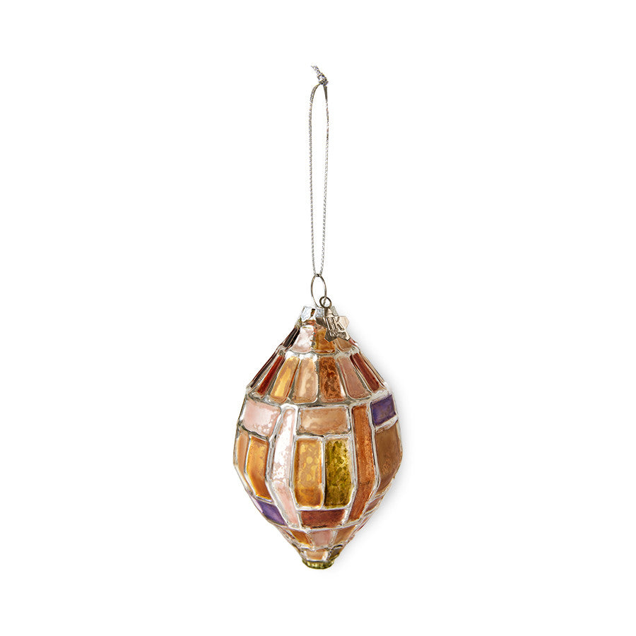 glass Christmas ornament with silver and warm colors