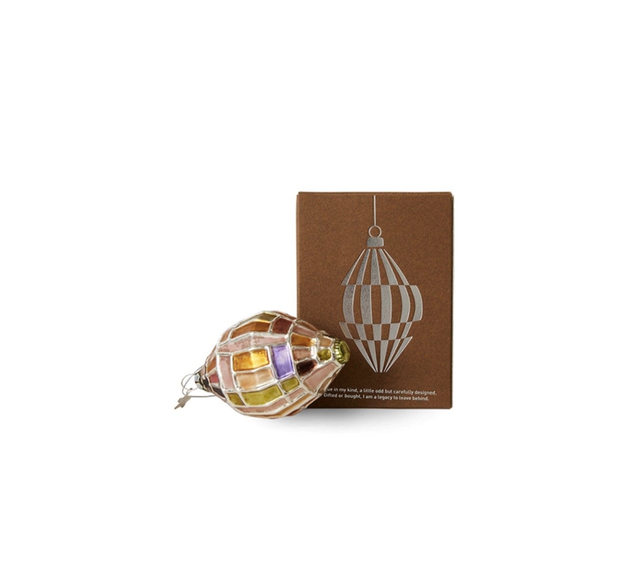 glass Christmas ornament with silver and warm colors with gift box