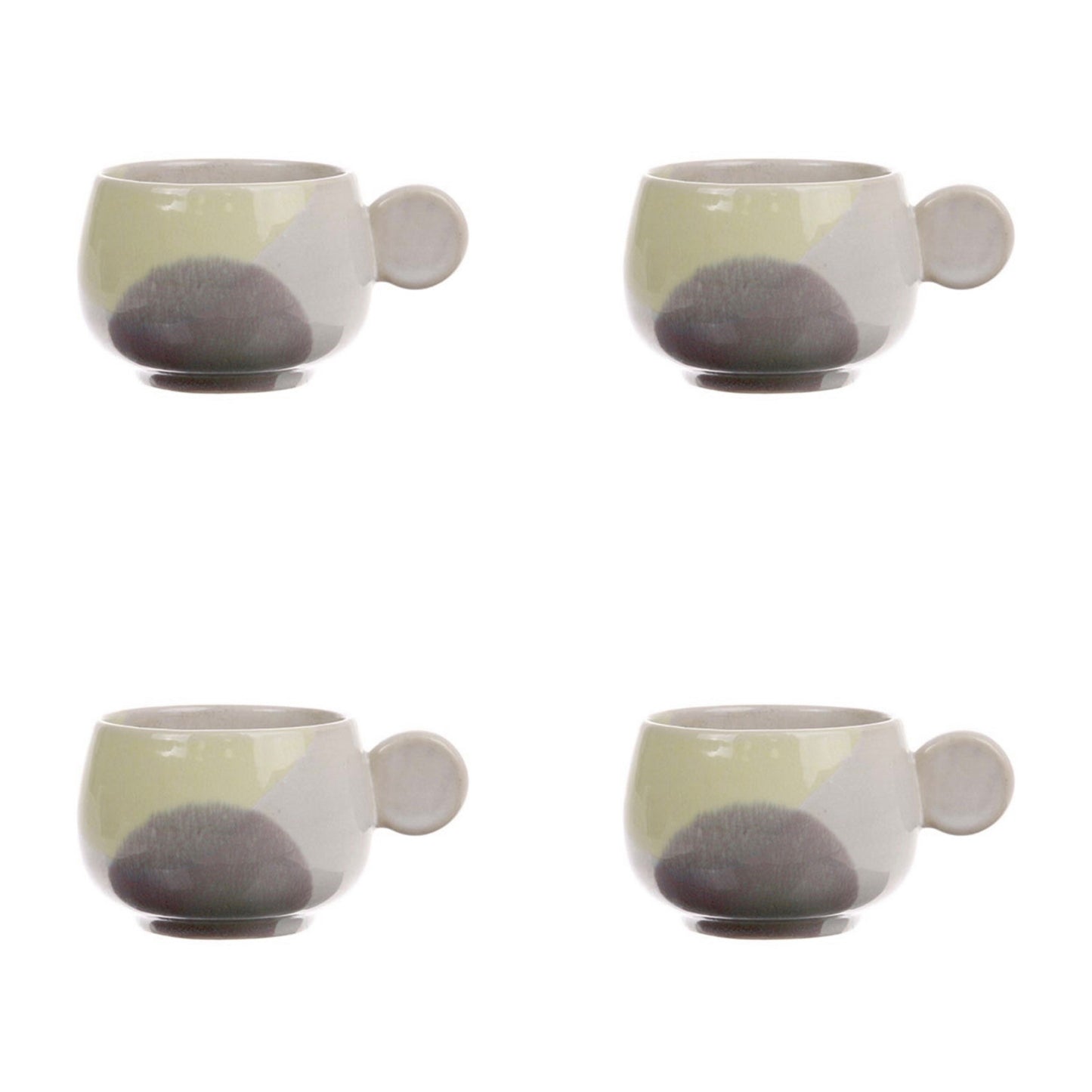 4 stoneware coffee cups with ear in yellow and lilac pastel colors