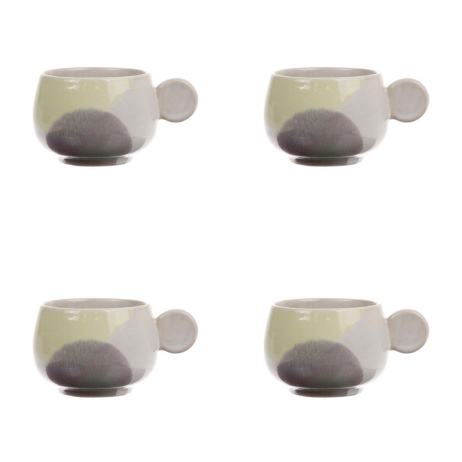 4 stoneware coffee cups with ear in yellow and lilac pastel colors