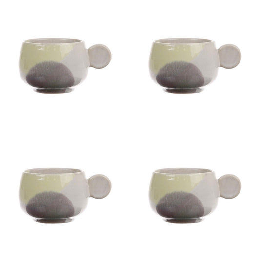 4 stoneware coffee cups with ear in yellow and lilac pastel colors