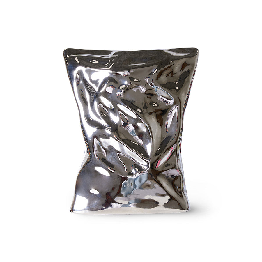 silver bag of chips object vase