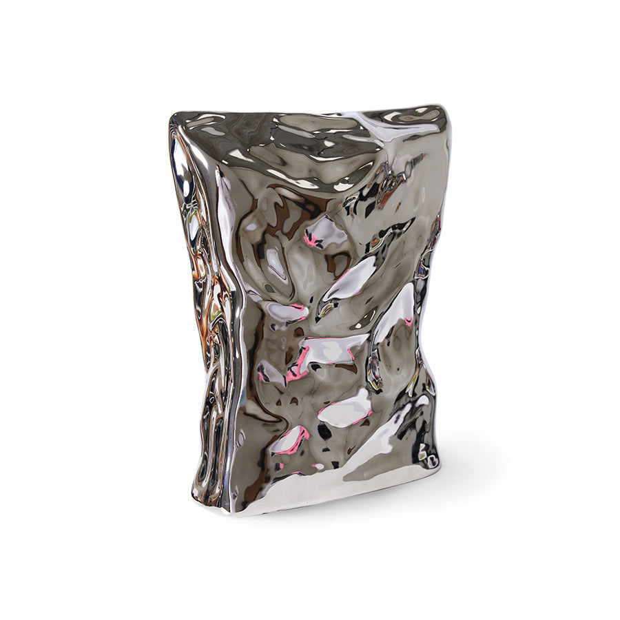 silver bag of chips object vase